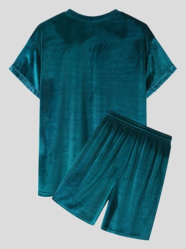 Mens Outfit 2-Piece Set Short Sleeve Velvet T-Shirts and Shorts Sweatsuit Set