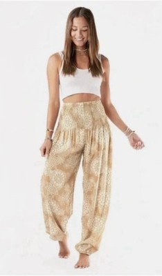 Lotus and Luna Havana Harem Pants S/M Yellow Floral Elastic Waist Handmade Boho