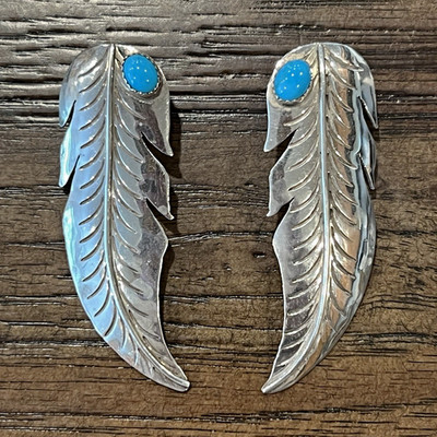 Vintage Native American Sterling Silver Feather Earrings- Blue Oval Turquoise