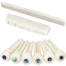 Acoustic Guitar Bone Bridge Saddle Nut & 6 Bone Bridge Pins - Real Bone