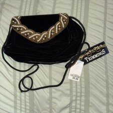 Vtg NWT Black Velvet Evening Bag Purse Pearls Gold Beaded Expandable Wal-Mart