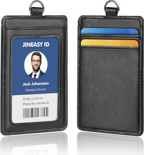 Leather ID Badge Holder Vertical Lanyard ID Card Holder Black Badge Protector Ca