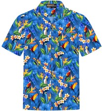 Blue Hawaiian Shirt Parrot Flower Tropical Bird Print Beach Summer Aloha