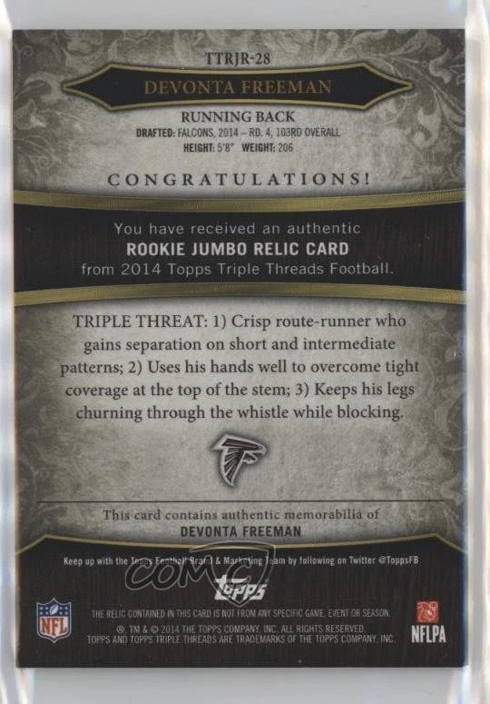 2014 Topps Triple Threads Rookie Jumbo Relic /99 Devonta Freeman #TTRJR-28 RC - Image 2 of 2