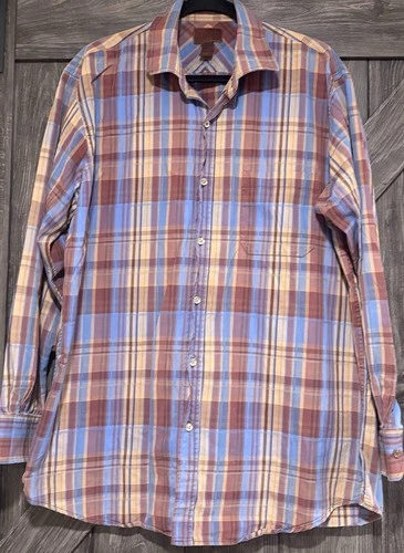 Born Men’s Button Front Shirt Blue Brown Plaid Long Sleeve Handcrafted Size L - product listing photo