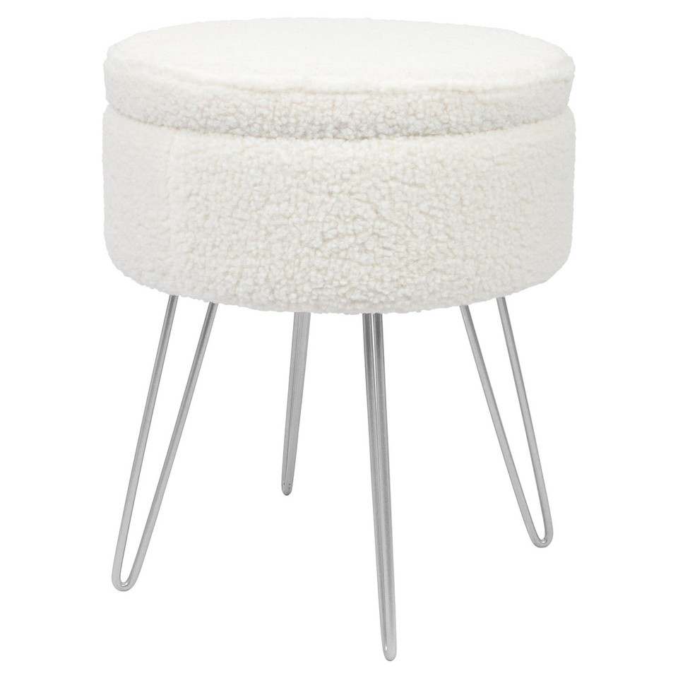 1x Crème/Argent H46 x D37cm Rond Repose-Pieds de Rangement en Boucle