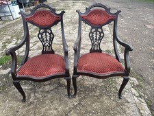 Edwardian Chinese Chippendale Carved Armchair Antique Bedroom Boudoir Chair X2