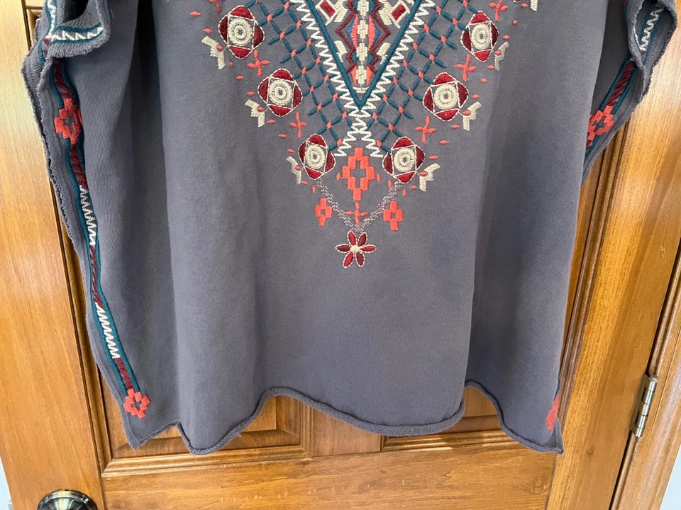 Poncho Johnny Was JWLA 100 % algodón bordado gris usado en excelente estado pequeño Foto 4 de 4