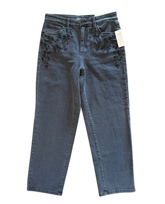NWT INC Black High Rise Straight Leg Denim Jeans Embroidered Cropped Pant Size 4
