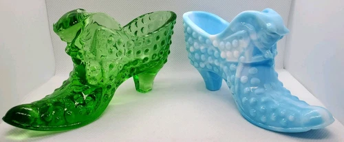 Fenton Baby Blue Hobnail And Green Glass Cat's Head Slipper Shoe Boot Set