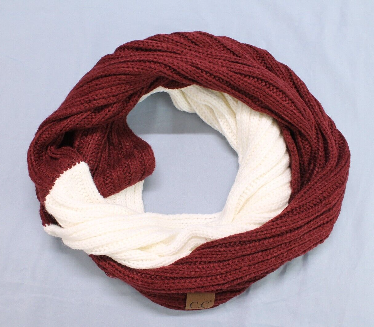 C.C. CC Maroon White Ribbed Knit Infinity Scarf Sweater