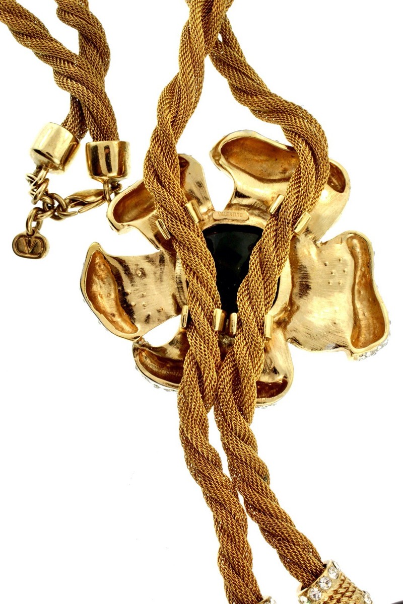 Vtg COUTURE Runway VALENTINO Rhinestone Flower Bolo Pendant Mesh