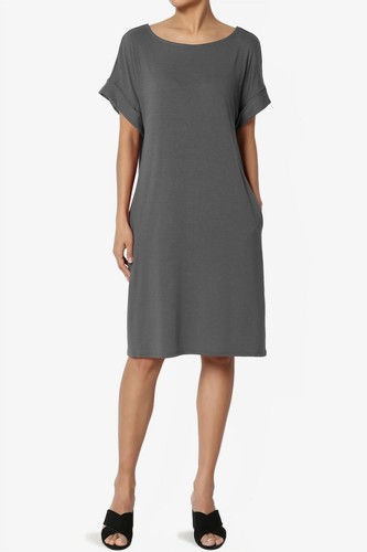 TheMogan S~3XL Rolled Short Sleeve Pocket Boxy Relaxed Jersey Midi T-Shirt Dress - Picture 18 of 187