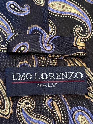 Umo Lorenzo Italy Black Blue Gold 100% Silk Men’s Neck Tie Made In China Long - Picture 8 of 9