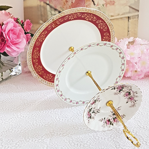 Elegant 3-Tier Cake Stand: Pink Burgundy Handmade Dessert Tray Wedding Decor - Picture 6 of 11