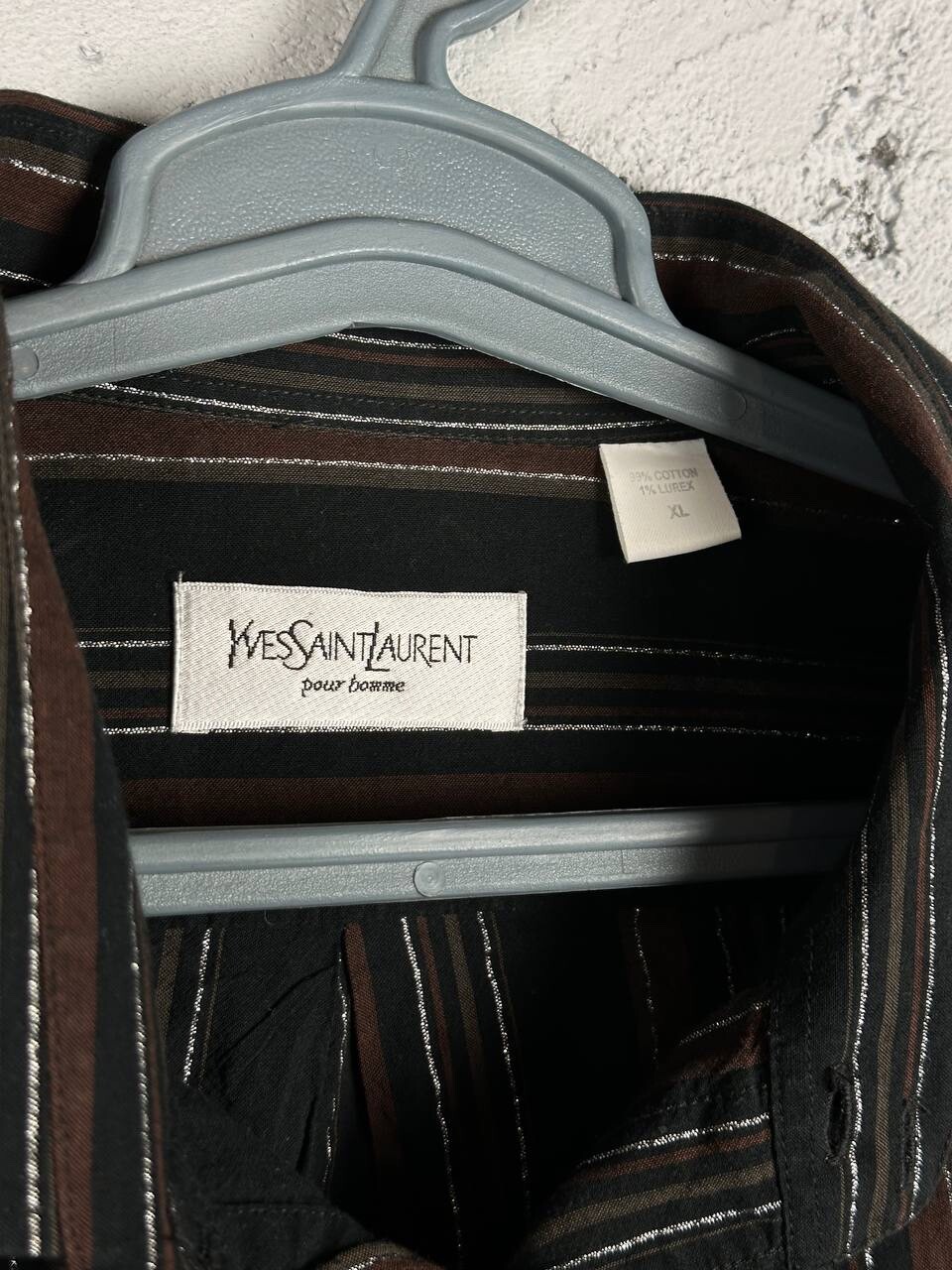 SAINT LAURENT Camicia YSL marrone a righe LS morbida con bottoni taglia XL