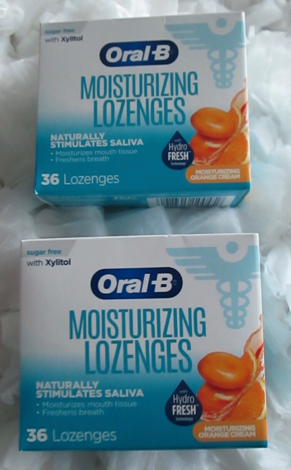 2 BOXES ORAL B MOISTURIZING LOZENGES ORANGE CREAM Ea BOX 36 PLUS