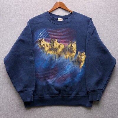 Vtg American Flag Wolf Pack Adult Mens L Navy Crewneck Sweatshirt 90s Nature