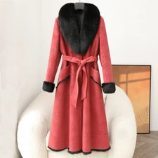 Winter Genuine Fur Coat Womens Long Leather Fox Fur Collar Rabbit Fur Lined Coat