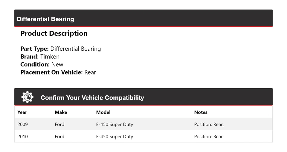 Cojinete diferencial trasero Timken para Ford E-450 Super Duty 2009-2010 Foto 2 de 4