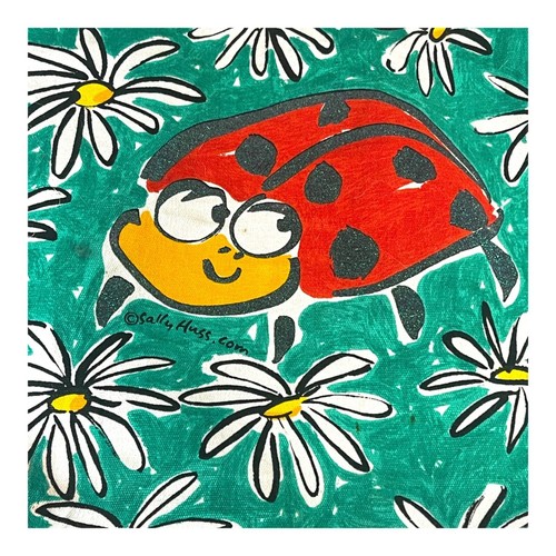 Sally Huss Sunny Thoughts Cotton Tote Bag Ladybug Daisies Design Red & Green 15" - Picture 6 of 16