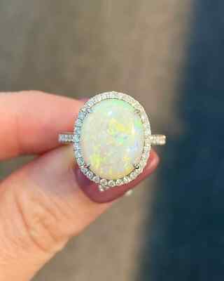 3.80 Ct Oval Cut Natural Opal & Diamond Wedding Engagement Ring 14K White Gold