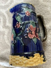 Antique Majolica  Basketweave 6 1/2’ Pitcher Cobalt Blue Pink Roses ENGLAND