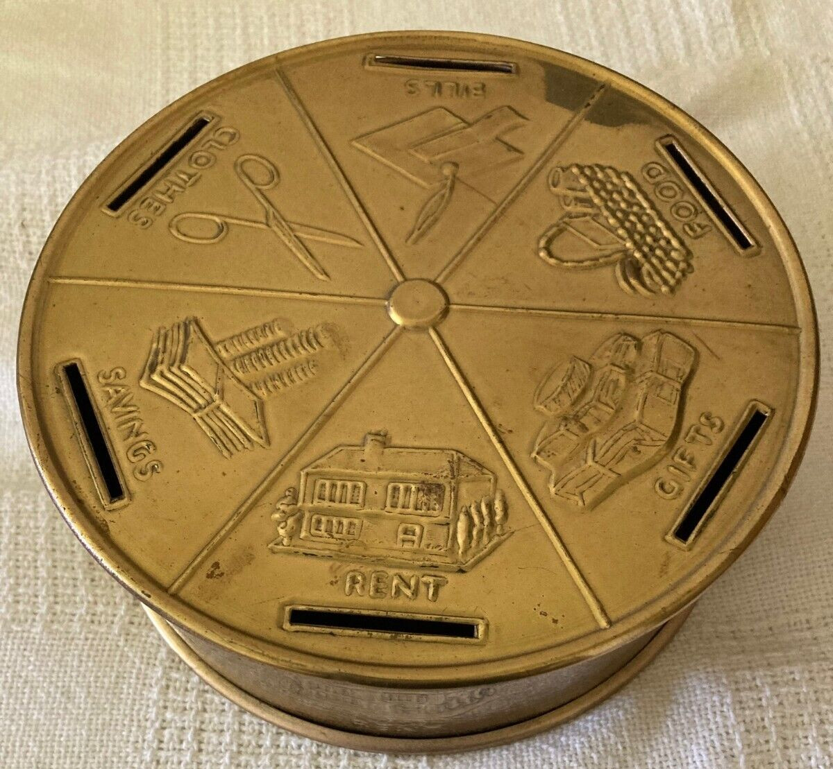 Vtg Tin Brass Finish Metal Coin Bank Savings, Rent, Gifts, Food, Made In England