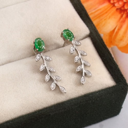 Natural Emerald Leaf Dangle Earrings 925 Sterling Silver Women Wedding Jewelry - Picture 2 of 8