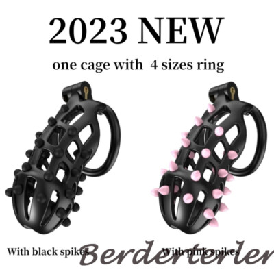 New Resin Black Chastity Cage with Pink/Black Spikes Chastity Cage 4 Size Rings