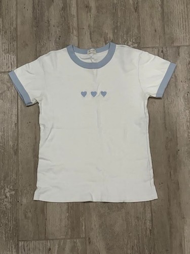 Brandy Melville John Galt One Size White & Pale Blue Hearts Cropped Baby T-Shirt