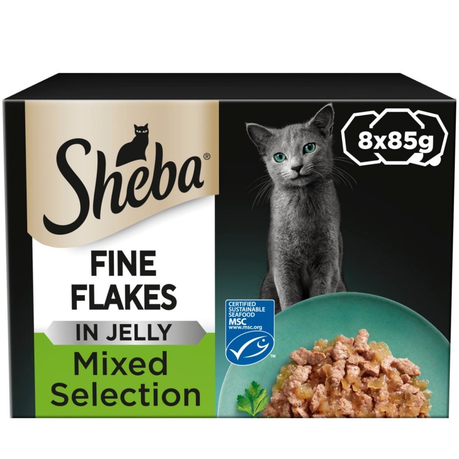 96 x 85g Sheba Fine Flakes Adult Wet Cat Food Trays Mixed Selection in Jelly