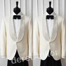 2 Pcs Men Suit Rhinestone Shawl Lapel Wedding Groom Tuxedo Dinner Party Evening