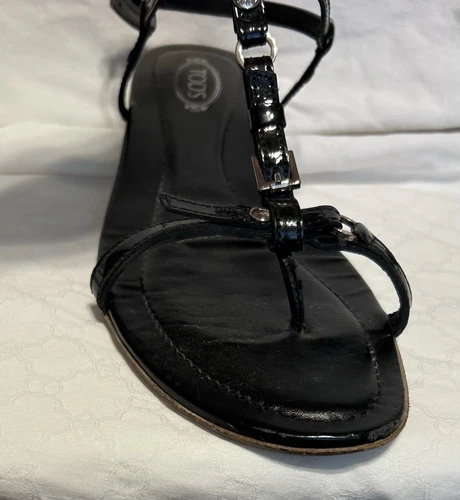 TOD’S Tod's sandali bassi donna con fibbia a T e cinturino alla caviglia nero vernice 39 Tods