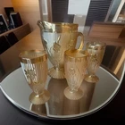 Vintage Jeanette Iris Herringbone Marigold Carnival Glass Pitcher & 3 Glasses