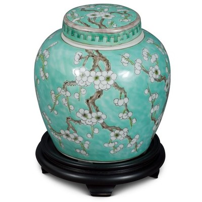 US SELLER - Aqua Celadon Ceramic Oriental Ginger Jar with Plum Blossom Motif
