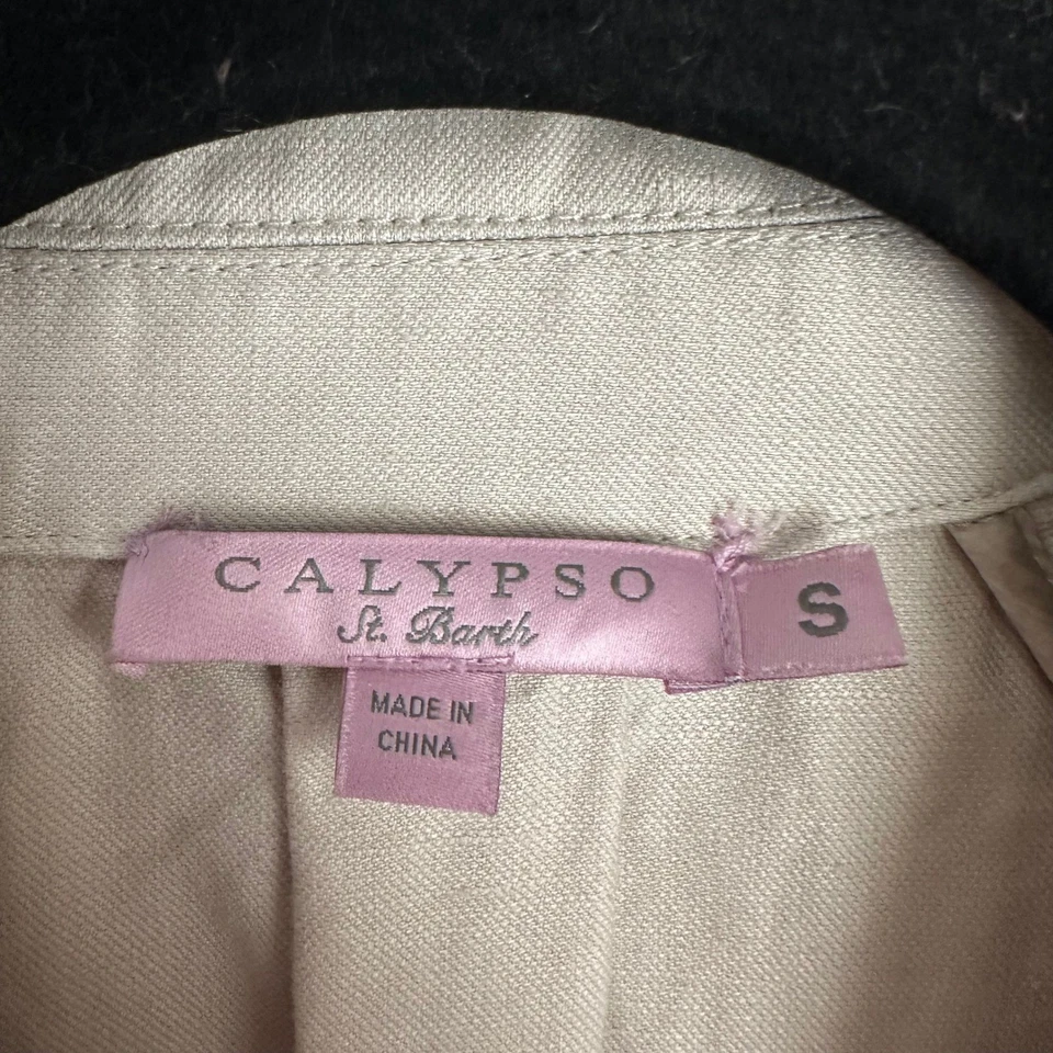 Vestido trincheira Calypso St. Barth linho sem mangas cáqui com cinto botão para baixo P - Imagem 4 de 4