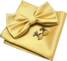 Mens Solid Color Double Fold Pre-tied Bow Tie and Pocket Square Cufflink Set wit