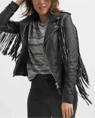 Damen Lederjacke im Fransenstil Westernjacke schwarz Jacke