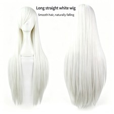 White New 80cm Straight Sleek Long Full Hair Wigs Side Bangs  for Women Rose Net