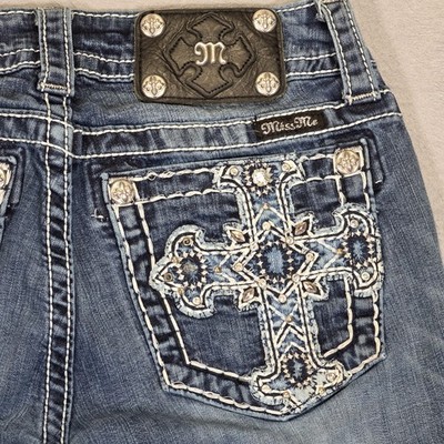 Miss Me Jeans Womens 26 Blue Signature Rise Boot Cut Embellished Denim FLAW