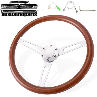 15'' 380mm Chrome Dark Steering Wheel Real Wood Stainless Steel Spoke with Horn