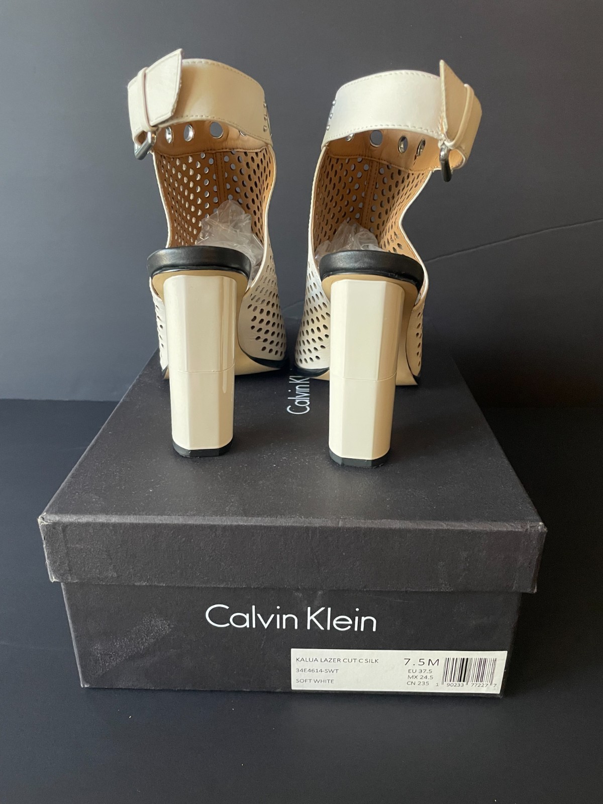 Calvin Klein Laser Cut Block Heel Sandals Ankle Strap, White, Womens 7.5 thumbnail 7