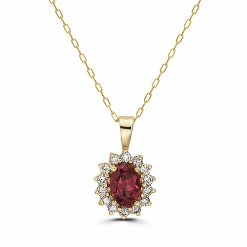 Pietra portafortuna Collana Ciondolo Oro Giallo 14K Granato Rodolite Diamante Nudo 1,1 ct