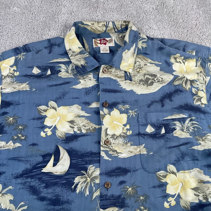 Hilo Hattie Shirt Men 2XL XXL Blue Hawaiian Aloha Sailing Silk Button Up Travel - Image 2 of 4