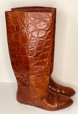 VTG ABSTRAX BROWN FAUX CROC LEATHER TALL RIDING WOOD FLAT HEEL BOOTS 5.5-6