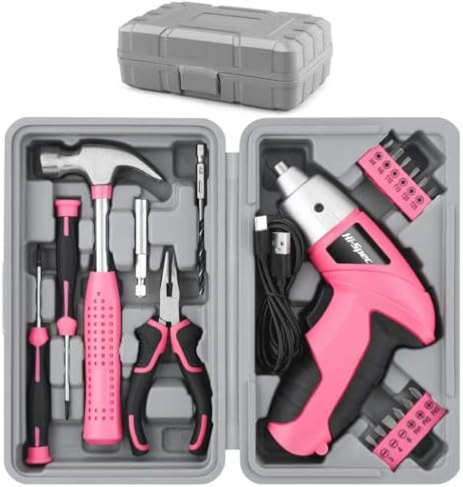 Set Hi-Spec 19pz cacciavite elettrico rosa 3.6V USB e kit attrezzi fai-da-te. Ca