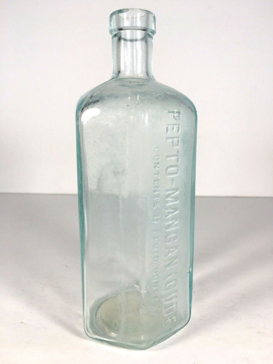 Antique Pepto Mangan Glass Hexagon Bottle Medicine Blue 7