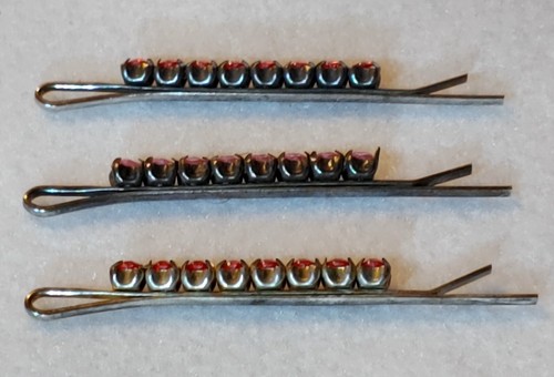 Vtg-set of 3 -Hair Bobby Pins-Line of Pink & Red Faux Rhinestones- 2 1/2 in LG - Picture 2 of 7