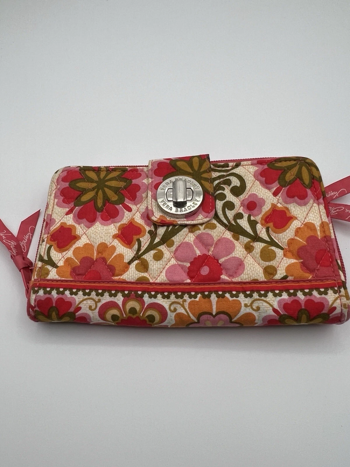 Portafoglio Vera Bradley modello folcloristico chiusura girevole zip intorno floreale arancione rosa